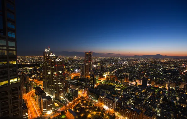 Picture the sky, sunset, lights, view, building, height, skyscrapers, the evening