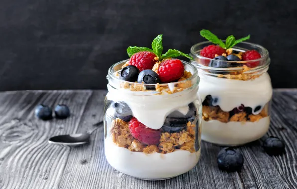 Berries, raspberry, Breakfast, blueberries, banks, mint, wood, muesli