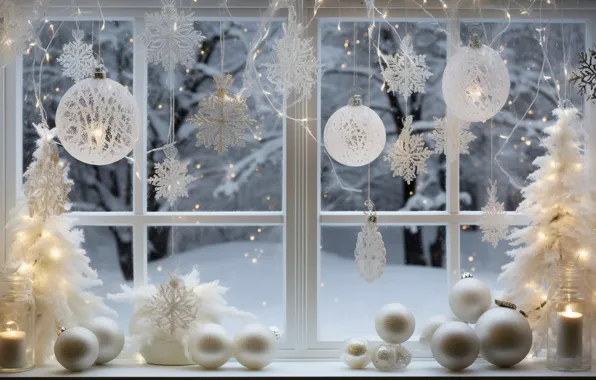 Winter, snow, decoration, balls, tree, New Year, window, Christmas