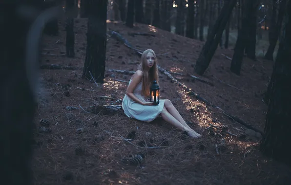 Forest, girl, candle, lantern