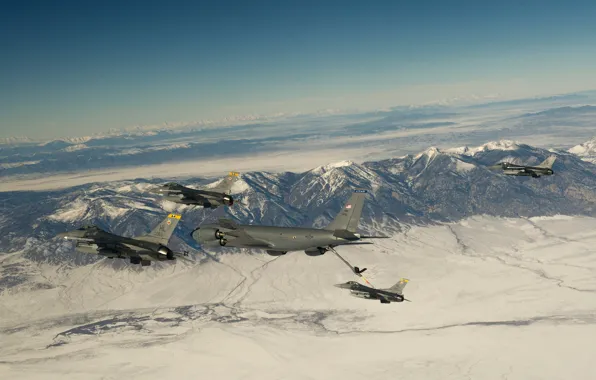 Picture snow, flight, mountains, fighters, F-16, Fighting Falcon, Stratotanker, tanker aircraft