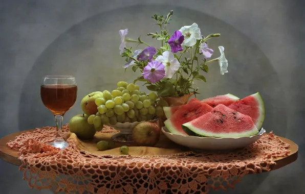Picture flowers, wine, watermelon, grapes