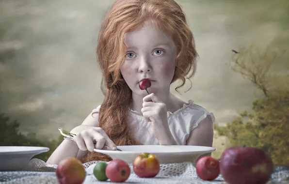 Picture mood, apples, girl, plates, red, bird, redhead, cherry