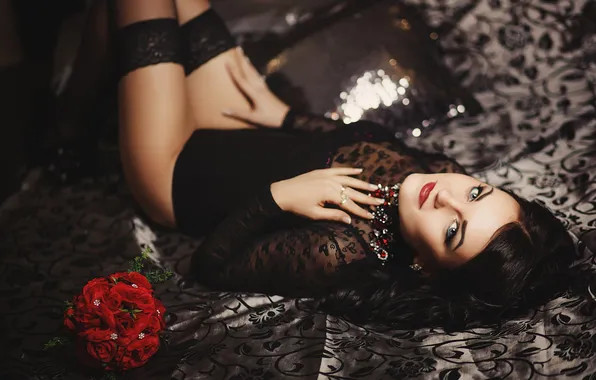 Girl, sweetheart, model, Smile, brunette, Wallpaper, Shoes, Bed