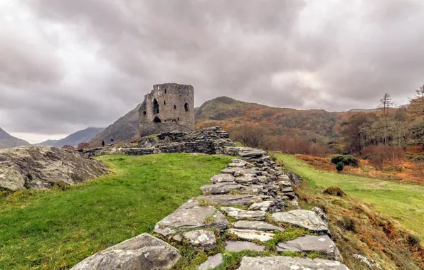 Mountains, castle, tower, track, Wales, Snowdonia, Dolbadarn Castle