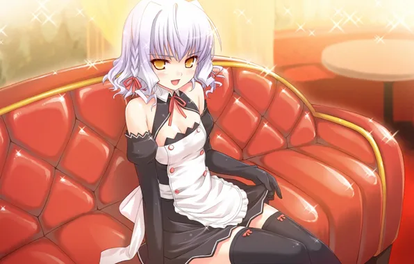 Table, the maid, flirting, black stockings, in a cafe, sitting on the couch, gloves elbow, …