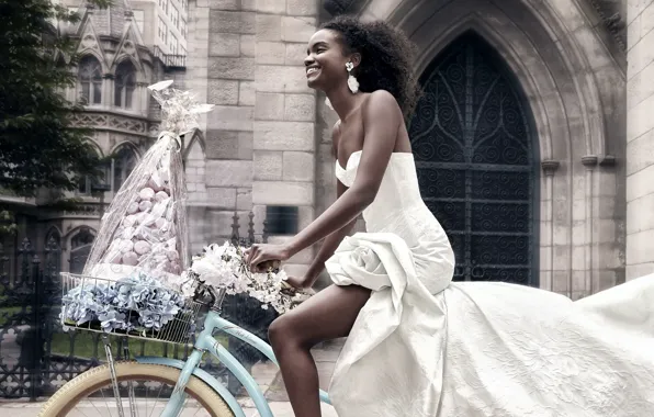 Picture bike, smile, black woman, advertising company, Luxury Wedding Dress, Spring 2023, Ines Di Santo, Bridal …