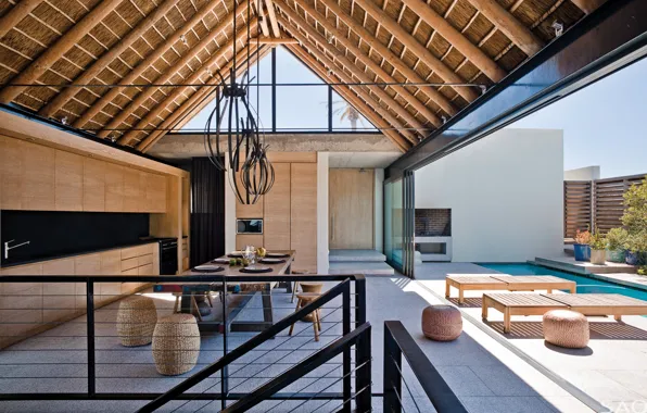 Space, interior, pool, kitchen, terrace, dining room