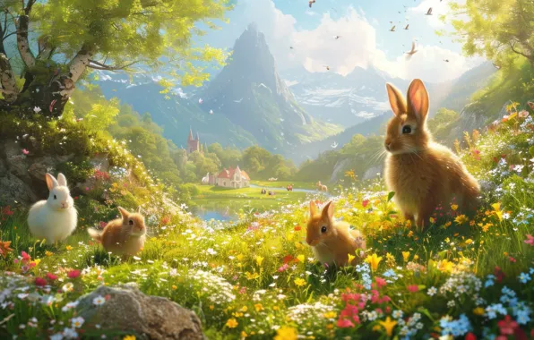 Greens, summer, light, trees, flowers, mountains, birds, nature
