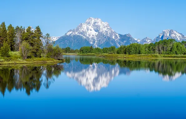 Landscape, mountains, nature, reflection, river, Grand Teton National Park, Oxbow Bend