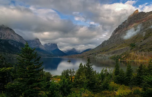 Clouds, mountains, lake, rocks, USA, forest, national Park, reserve