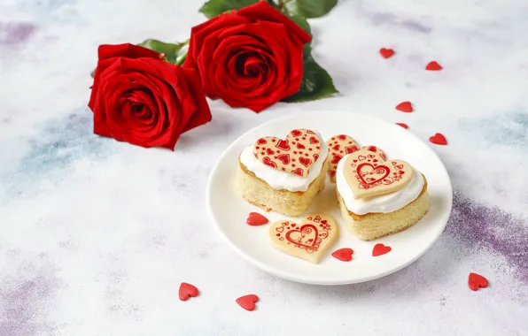 Table, holiday, roses, cookies, hearts, red, cake, placer