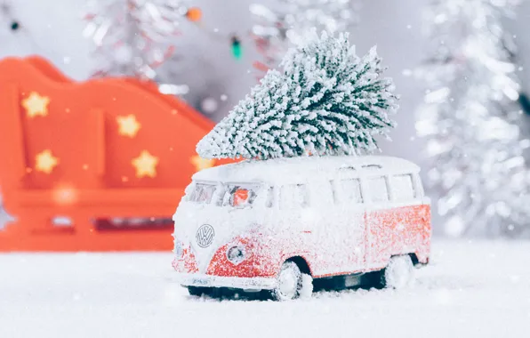 Winter, frost, road, machine, snow, toy, toys, Christmas