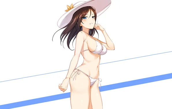 Girl, sexy, cleavage, long hair, hat, brown hair, boobs, anime