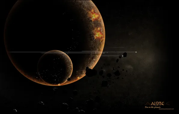 The wreckage, flame, planet, satellite, asteroids