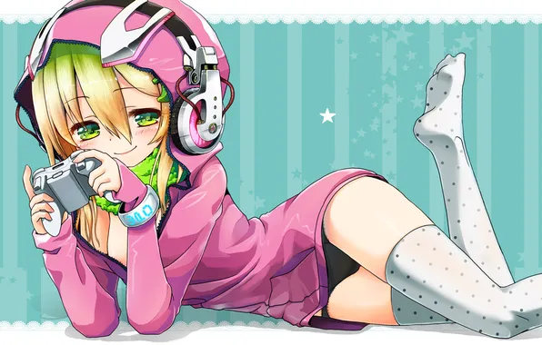 Girl, headphones, joystick