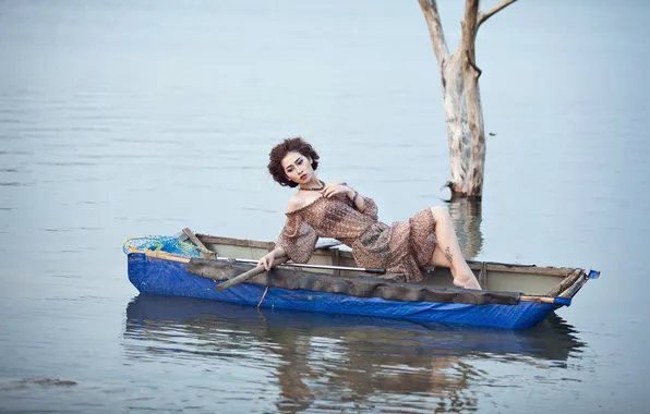 Picture girl, lake, boat, Model, As Noted