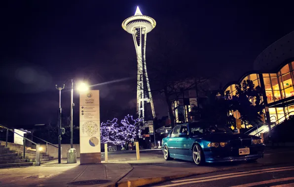 Picture night, the city, lights, bmw, BMW, Boomer, e38, Seattle