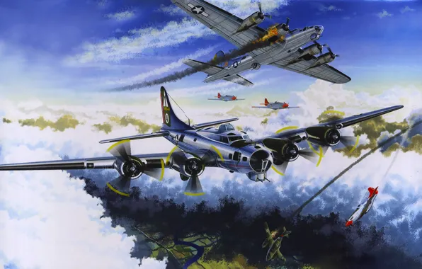 War, art, painting, aviation, ww2, Boeing B-17 Flying Fortress