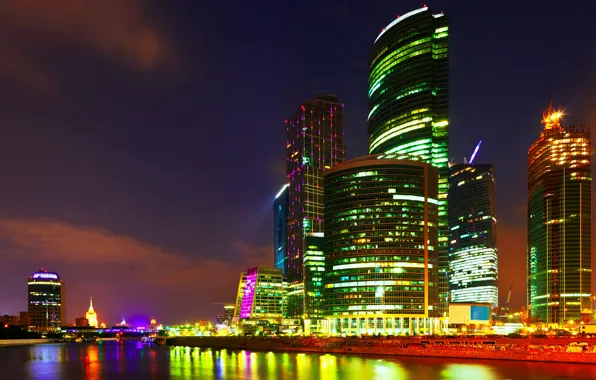 The sky, water, clouds, night, the city, lights, reflection, river