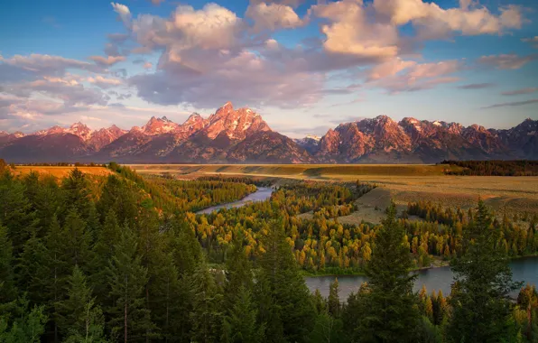 Forest, clouds, mountains, view, ate