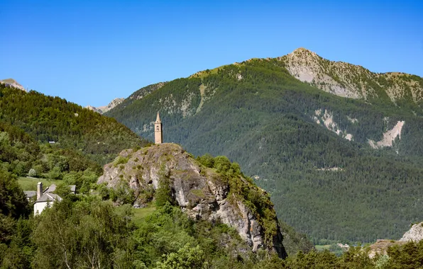 Mountains, rocks, France, tower, Church