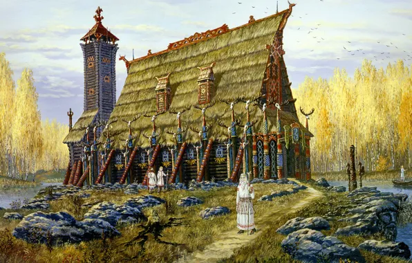 Picture lake, tower, temple, painting, history, ancient, Vsevolod Ivanov, Russian folklore