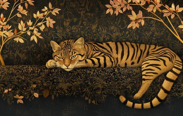 Cat, cat, look, leaves, branches, pose, pattern, styling