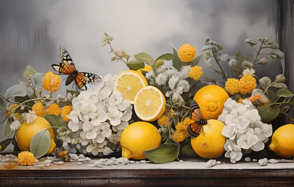 Butterfly, flowers, table, still life, lemons, bouquets, AI art, neural network