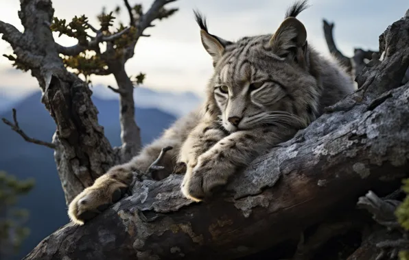 Look, face, mountains, branches, nature, tree, paws, lies