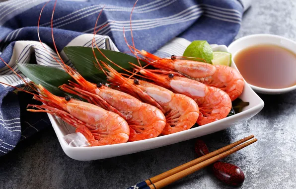 Sticks, shrimp, soy sauce, seafood