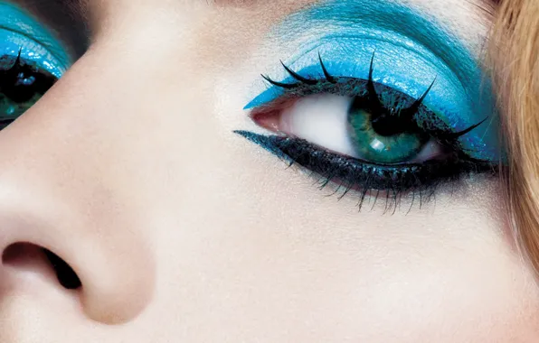Black, blue, make-up for eyes, strong colors