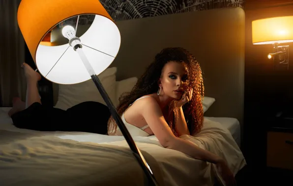 Picture girl, room, bed, brown hair, curls, floor lamp, Alexander Skripnikov