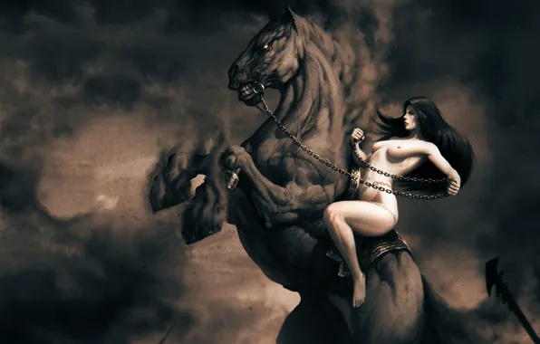 Girl, horse, smoke, figure, rider, fantasy, art, battlefield