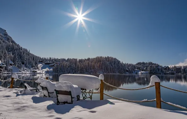 Photo, The sun, Nature, Winter, The fence, Lake, Austria, Snow