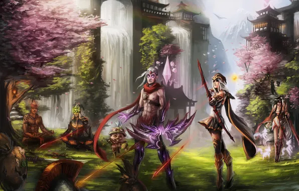 Mountains, girls, Sakura, art, guys, waterfalls, League of Legends
