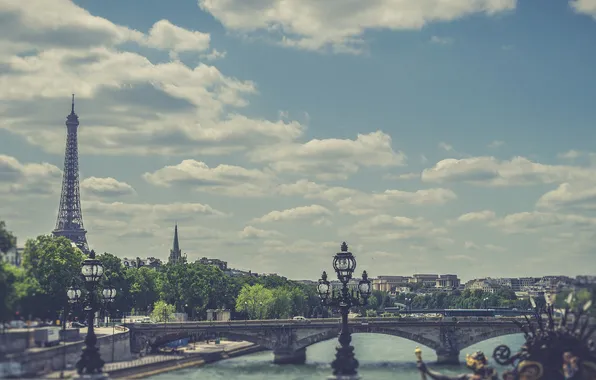 Picture the sky, clouds, bridge, France, Paris, Hay, Eiffel tower, post lamp