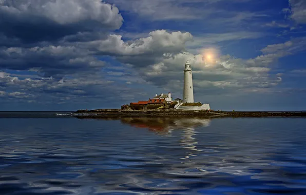 Picture sea, the sky, clouds, reflection, lighthouse