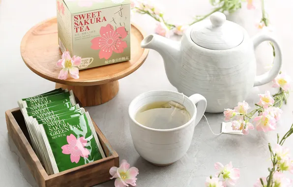 Sakura, Cup, drink, green tea