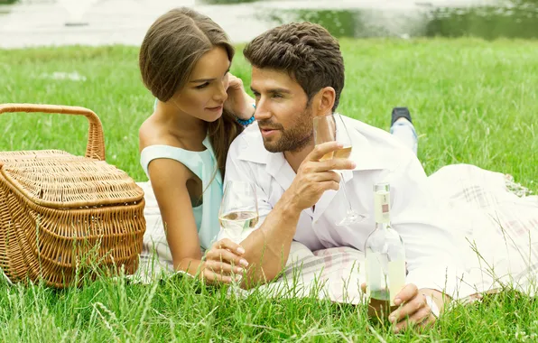 Girl, nature, wine, basket, glasses, guy, lovers, weed