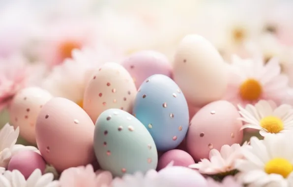 Flowers, holiday, eggs, spring, blue, Easter, pink, bokeh