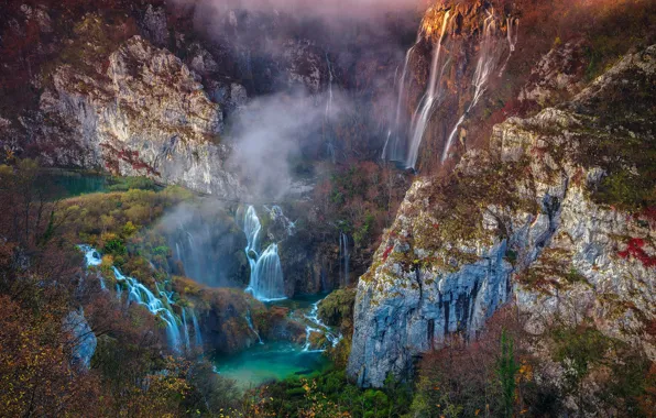 Forest, trees, mountains, rocks, waterfall, Croatia, National Park Plitvice lakes