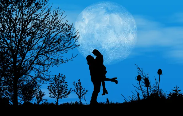 Night, the moon, romance, pair, silhouettes, date
