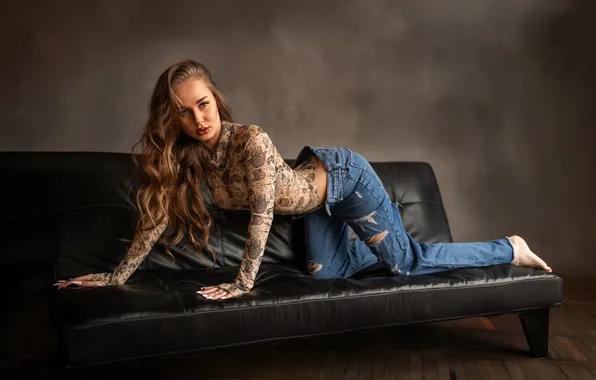 Picture girl, pose, sofa, jeans, figure, long hair, body, Roman Ivanov