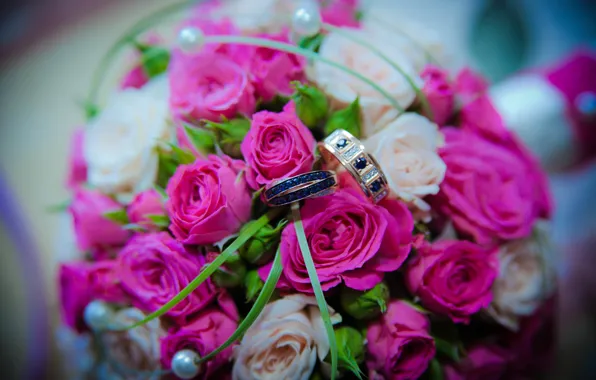 Roses, bouquet, ring, wedding