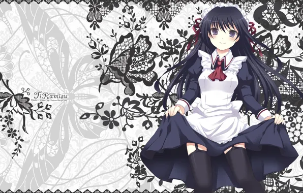 Butterfly, stockings, lace, long hair, uniform, the maid, apron, Tiramisu