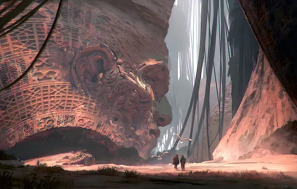 Fantasy, birds, men, digital art, artwork, concept art, giant, sunlight