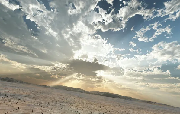 Clouds, landscape, cracked, art, Heath, the sun's rays, trbrchdm