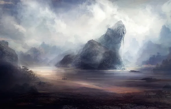 Clouds, trees, river, boat, art, the ledge