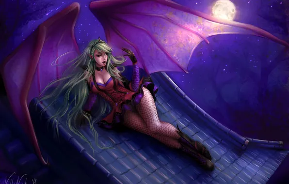 Picture roof, girl, night, the moon, feet, wings, vampire, succubus